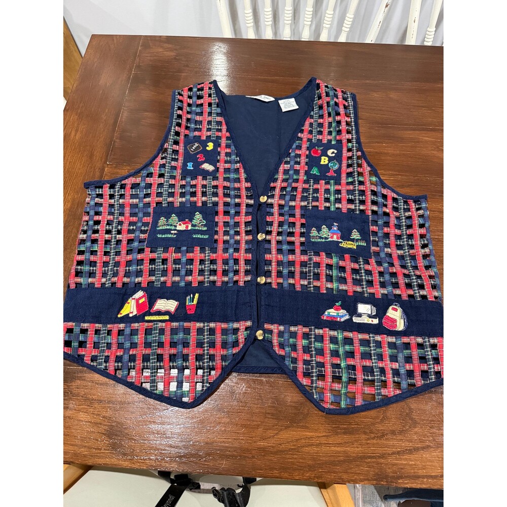 Vintage 90s Victoria Jones Teacher School Plaid Woven Vest Women 2X Embroidered
